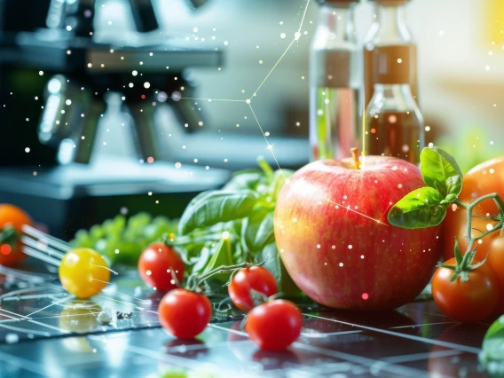 tomatoes and apples with microscope