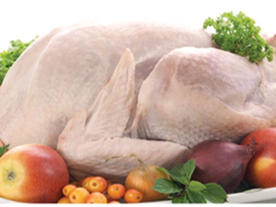 uncooked turkey surrounded by fruit