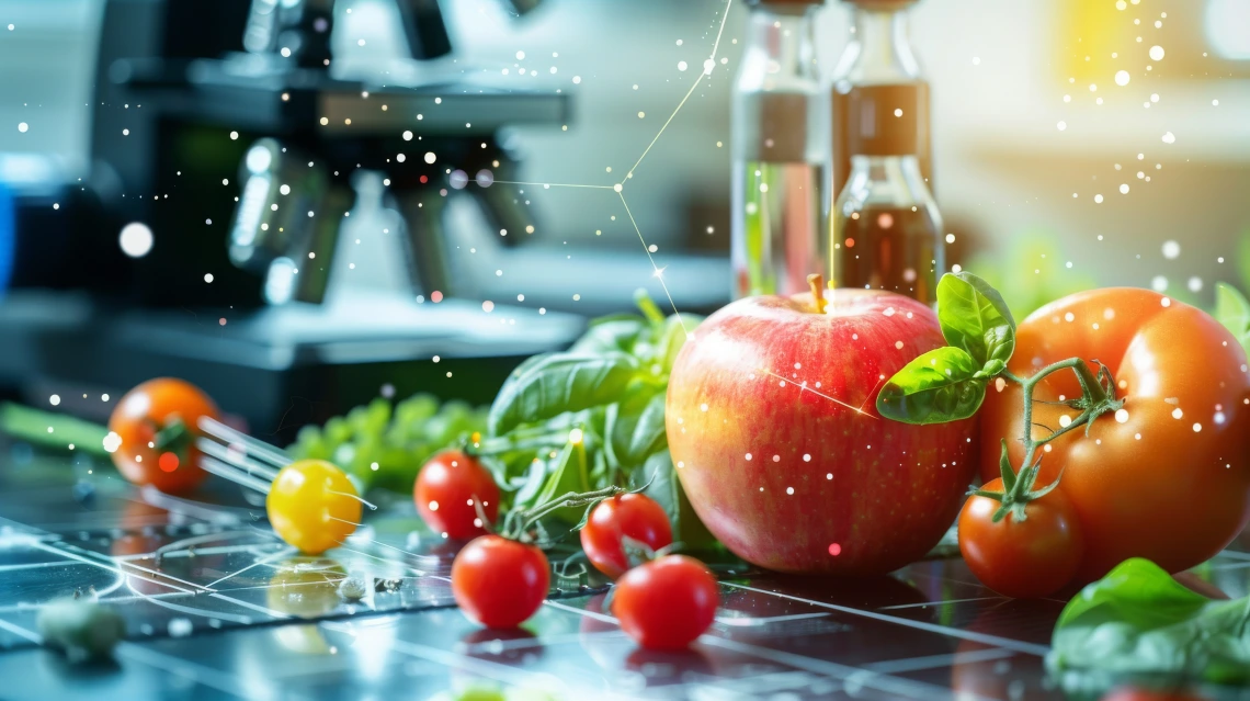 tomatoes and apples with microscope